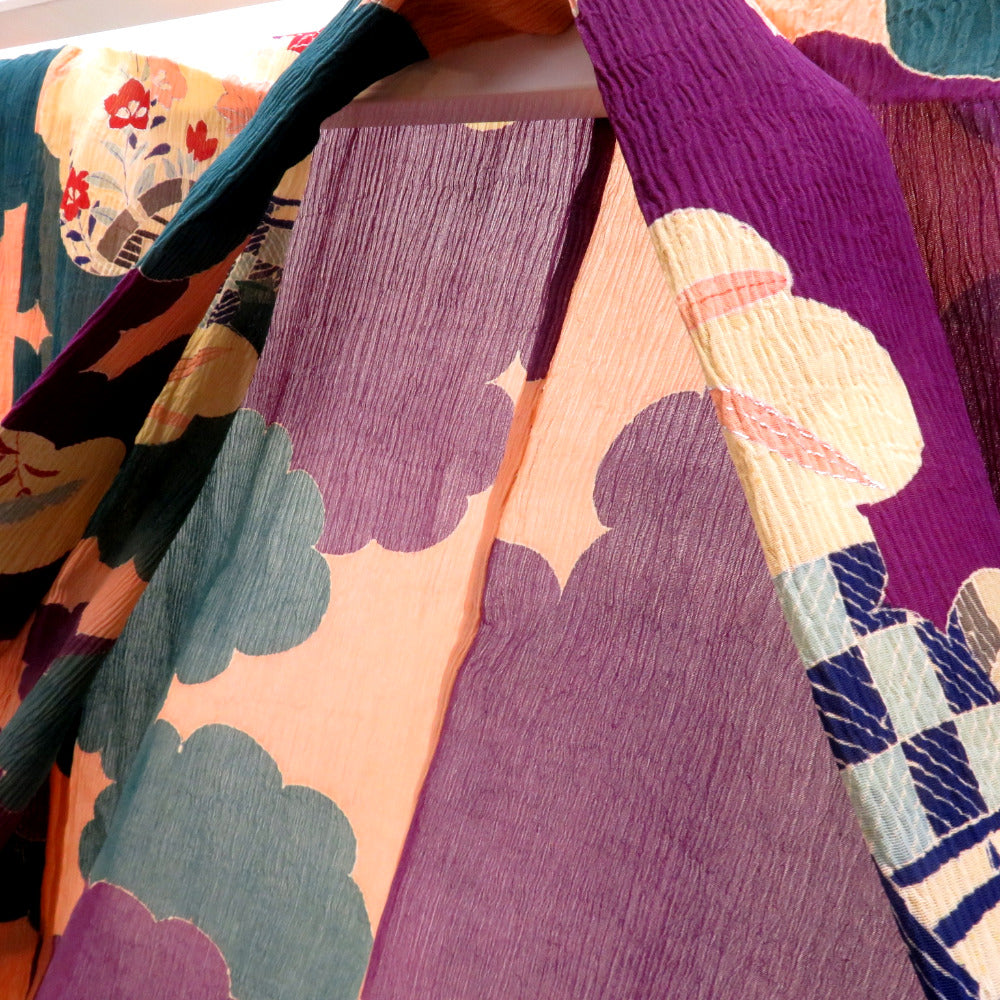 夏着物 昔 夏物 アンティーク 昔着物 ピンク 多色 雲取 花 風景 バチ衿