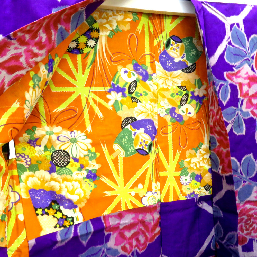 羽織 アンティーク 銘仙 長羽織 紫 グレー ピンク 緑 薔薇 昔羽織