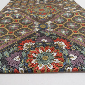 袋帯 正絹 総絽刺し 刺繍 全通柄 菱型に華文 金糸 茶色ｘ金色ｘ緑色ｘ多色 フォーマル 礼装 長さ440cm
