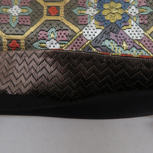 袋帯 正絹 総絽刺し 刺繍 全通柄 菱型に華文 金糸 茶色ｘ金色ｘ緑色ｘ多色 フォーマル 礼装 長さ440cm