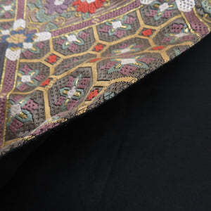 袋帯 正絹 総絽刺し 刺繍 全通柄 菱型に華文 金糸 茶色ｘ金色ｘ緑色ｘ多色 フォーマル 礼装 長さ440cm