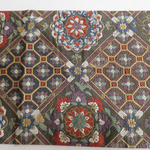 袋帯 正絹 総絽刺し 刺繍 全通柄 菱型に華文 金糸 茶色ｘ金色ｘ緑色ｘ多色 フォーマル 礼装 長さ440cm