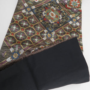 袋帯 正絹 総絽刺し 刺繍 全通柄 菱型に華文 金糸 茶色ｘ金色ｘ緑色ｘ多色 フォーマル 礼装 長さ440cm