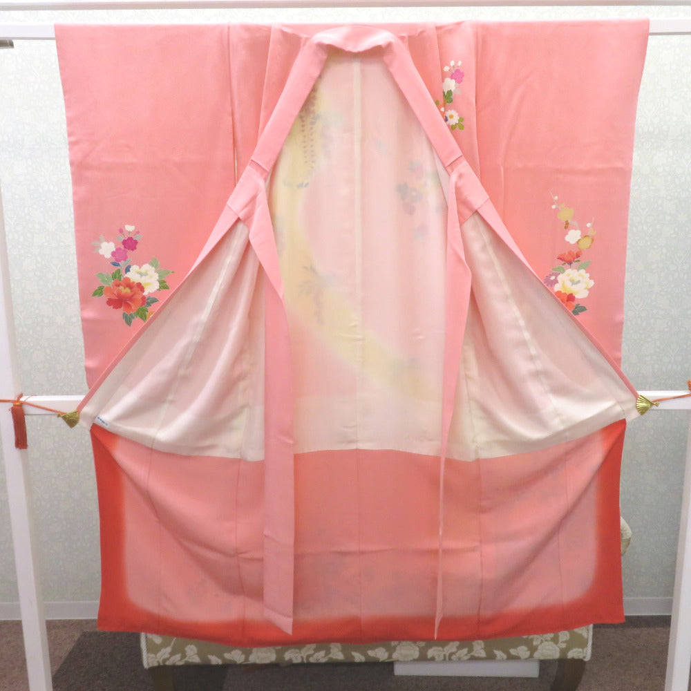 子供着物 女の子用 四つ身 襦袢セット ピンク×薄オレンジ×黄緑ぼかし