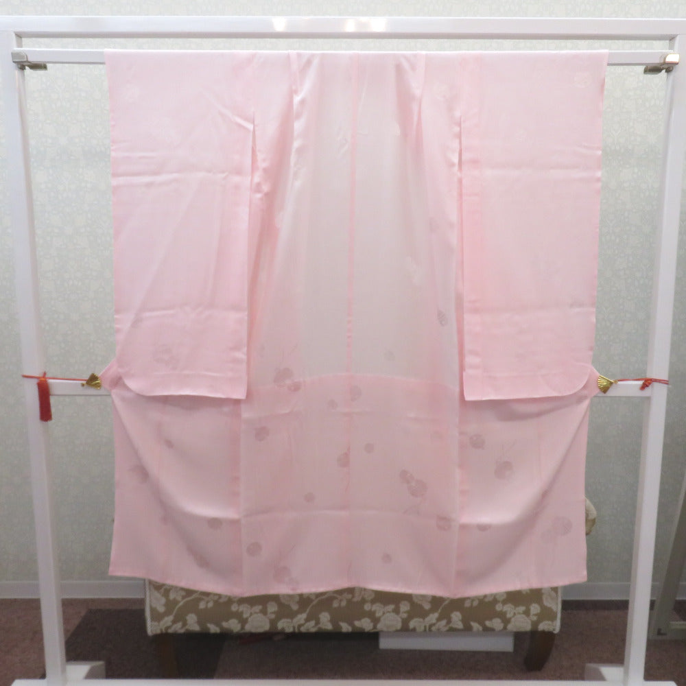 子供着物 女の子用 四つ身 襦袢セット ピンク×薄オレンジ×黄緑ぼかし 花車 一つ紋 ツタ紋 パールトーン加工 正絹 袷 フォーマル 子供きもの 女児 七五三 祝着 身丈133cm【中古】 【キモノオフ野々市若松店】 子供着物 女の子用 四つ身 襦袢セット ピンク×薄オレンジ×黄緑ぼかし