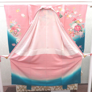 子供着物 女の子用 四つ身 襦袢セット ピンク×ブルー系 花車 友禅調 一つ紋 ツタ紋 正絹 袷 フォーマル 子供きもの 女児 七五三 祝着 身丈130cm