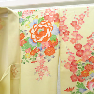 子供着物 女の子用 四つ身 襦袢セット クリーム×オレンジ 花々 正絹 袷 フォーマル 子供きもの 女児 七五三 祝着 身丈119cm