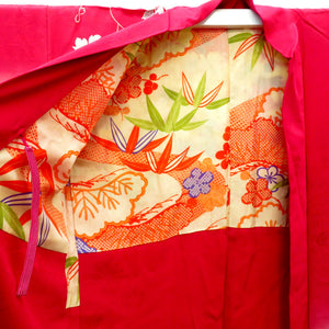 羽織 昔 アンティーク 昔羽織 長羽織 正絹 赤 多色 流水 植物 刺繍 金コマ刺繍 地模様入 レトロ 和洋ミックス ちりよけ 防寒 上着 難有 身丈93.8cm