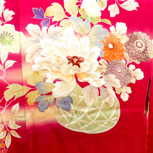 羽織 昔 アンティーク 昔羽織 長羽織 正絹 赤 多色 流水 植物 刺繍 金コマ刺繍 地模様入 レトロ 和洋ミックス ちりよけ 防寒 上着 難有 身丈93.8cm