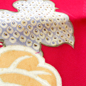 羽織 昔 アンティーク 昔羽織 長羽織 正絹 赤 多色 流水 植物 刺繍 金コマ刺繍 地模様入 レトロ 和洋ミックス ちりよけ 防寒 上着 難有 身丈93.8cm