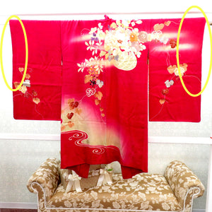 羽織 昔 アンティーク 昔羽織 長羽織 正絹 赤 多色 流水 植物 刺繍 金コマ刺繍 地模様入 レトロ 和洋ミックス ちりよけ 防寒 上着 難有 身丈93.8cm