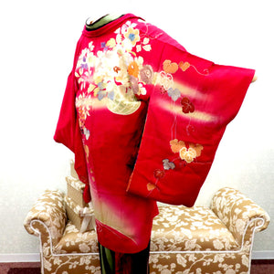 羽織 昔 アンティーク 昔羽織 長羽織 正絹 赤 多色 流水 植物 刺繍 金コマ刺繍 地模様入 レトロ 和洋ミックス ちりよけ 防寒 上着 難有 身丈93.8cm