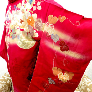 羽織 昔 アンティーク 昔羽織 長羽織 正絹 赤 多色 流水 植物 刺繍 金コマ刺繍 地模様入 レトロ 和洋ミックス ちりよけ 防寒 上着 難有 身丈93.8cm