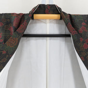 紬 着物 格子に花々模様 黒色ｘ黄色ｘ多色 袷 バチ衿 絹 仕立て上がり着物 身丈157cm