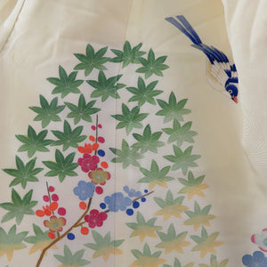 訪問着 加賀友禅 能川光陽 薄黄色ｘ多色 花鳥紋様 一つ紋 五三桐紋 落款入り 広衿 正絹 仕立て上がり着物 身丈160cm