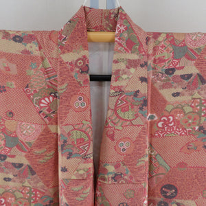 小紋 正絹 赤色ｘ黄色ｘ緑色 鮫小紋に切嵌模様 広衿 袷 カジュアル カラフル 仕立て上がり 身丈153cm