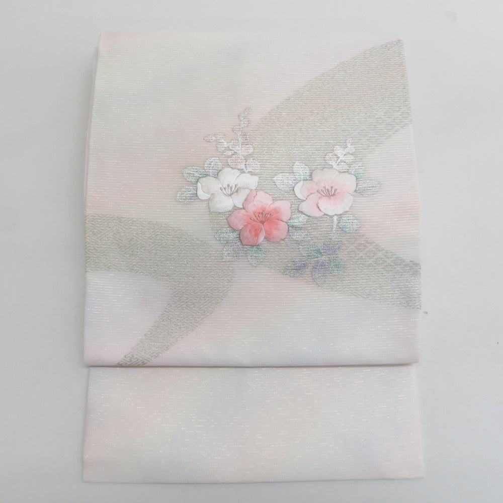 銀糸花柄刺繍 名古屋作り帯 名古屋帯 夏用 正絹 ラメ糸入り 刺繍入り 銀糸 シルバー系 お太鼓柄 花
