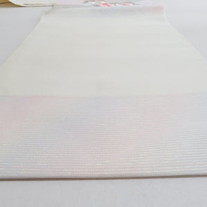 名古屋帯 夏用 正絹 ラメ糸入り 刺繍入り 銀糸 シルバー系 お太鼓柄 花文様 夏物 カジュアル 仕立て上がり 夏帯 長さ362cm