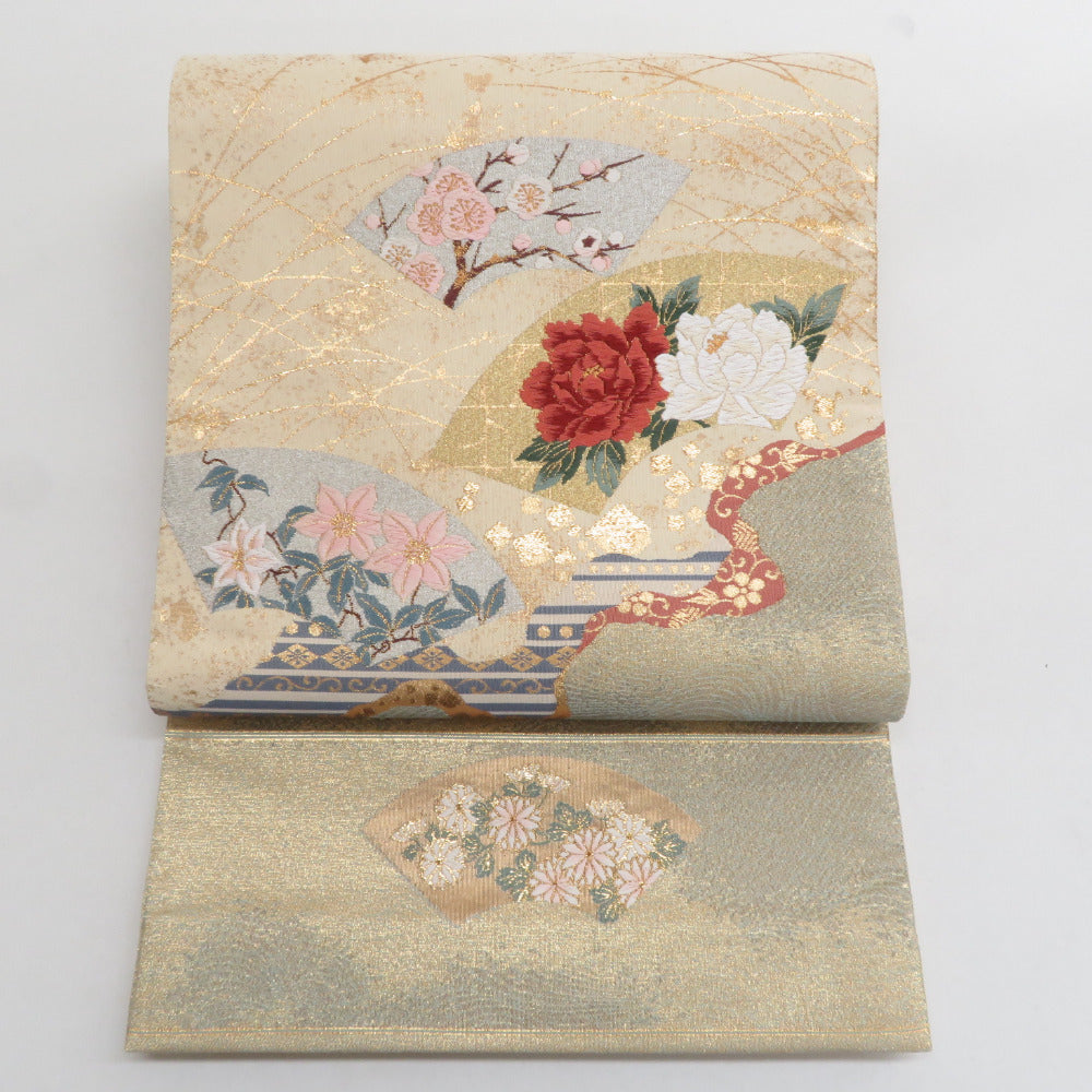 袋帯 正絹 地紙文様 刺繍入り 金糸 金色x緑色 ゴールド系 お太鼓柄