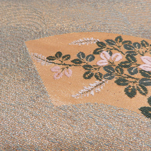 袋帯 正絹 地紙文様 刺繍入り 金糸 金色ｘ緑色 ゴールド系 お太鼓柄 フォーマル 礼装 長さ432cm
