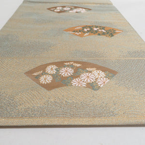 袋帯 正絹 地紙文様 刺繍入り 金糸 金色ｘ緑色 ゴールド系 お太鼓柄 フォーマル 礼装 長さ432cm