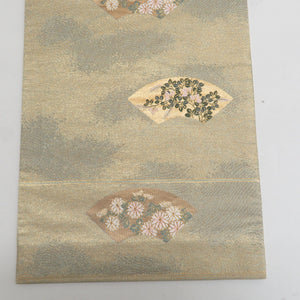 袋帯 正絹 地紙文様 刺繍入り 金糸 金色ｘ緑色 ゴールド系 お太鼓柄 フォーマル 礼装 長さ432cm