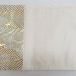 袋帯 正絹 松の葉紋様 金糸銀糸 金色ｘ白色 刺繍入り ゴールド系 六通柄 フォーマル 礼装 長さ448cm