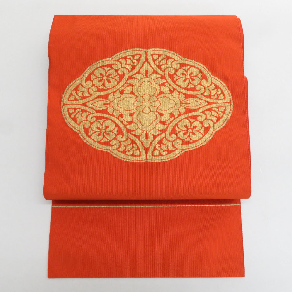 ⑥⑨④刺繍 華文 正絹 金糸 太鼓 名古屋帯 名古屋帯 正絹 華文模様 本綴れ オレンジ色x金色 金糸 お太鼓柄