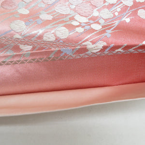 袋帯 正絹 刺繍入り ピンク色ｘ白色ｘ銀色 銀糸 花文様 六通柄 フォーマル 礼装 長さ424cm