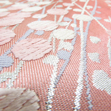 Load image into Gallery viewer, 袋帯 正絹 刺繍入り ピンク色ｘ白色ｘ銀色 銀糸 花文様 六通柄 フォーマル 礼装 長さ424cm