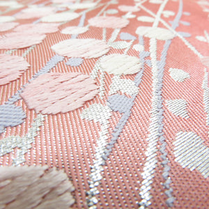 袋帯 正絹 刺繍入り ピンク色ｘ白色ｘ銀色 銀糸 花文様 六通柄 フォーマル 礼装 長さ424cm
