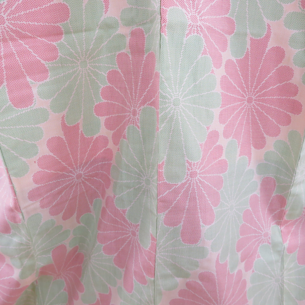 紬 着物 カラフル 赤色x緑色x黄色 菱型菊模様 袷 広衿 正絹