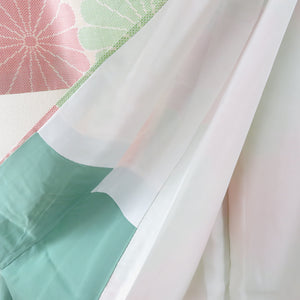 紬 着物 カラフル 赤色ｘ緑色ｘ黄色 菱型菊模様 袷 広衿 正絹 カジュアル 仕立て上がり 身丈159cm