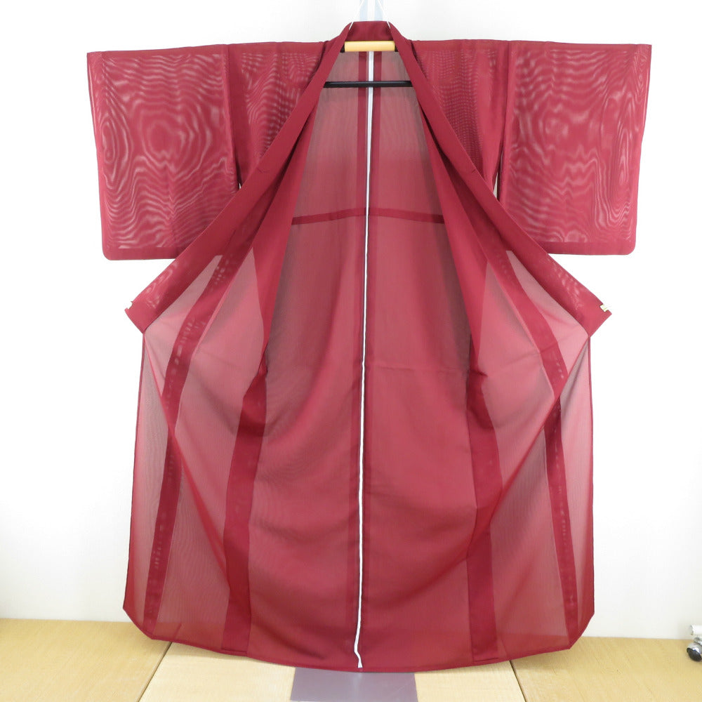 着物　夏用　ワインレッド　サイズL〜LL 夏着物 色無地 単衣 絽 バチ衿 ポリエステル エンジ色 紋無し 夏用