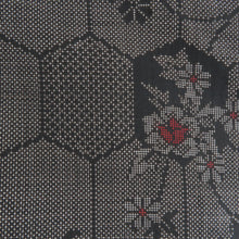 Load image into Gallery viewer, 紬 着物 大島紬 黒色ｘ茶色ｘ赤色 亀甲に小花模様 袷 広衿 正絹 仕立て上がり着物 身丈159cm