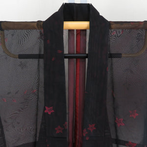 夏着物 単衣 紗 バチ衿 花模様 正絹 黒色ｘ朱色 夏用 仕立て上がり 身丈154cm