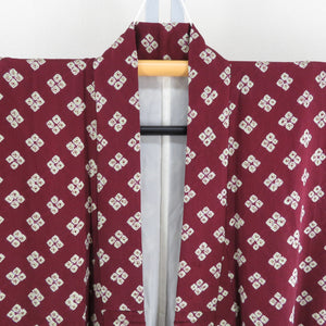 小紋 絞り エンジ色ｘ薄緑色 小花模様 袷 バチ衿 正絹 仕立て上がり カジュアル着物 身丈155cm