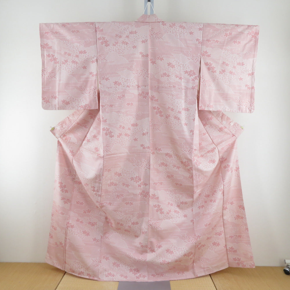 小紋　フルセット　着物　正絹　赤　エンジ　紬地　花　金　Ｈ9 小紋 フルセット 着物 正絹 赤 エンジ 紬地 花 金 H9