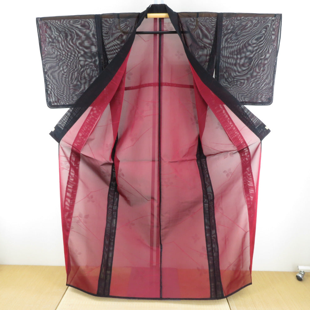 夏着物 単衣 紗 バチ衿 枝に小花模様 正絹 黒色x朱色 夏用 仕立て