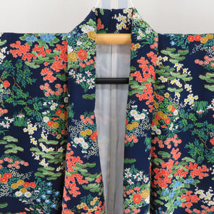 小紋 袷 紺色ｘ緑色ｘオレンジ色 カラフル 花々模様 正絹 広衿 仕立て上がり着物 身丈160cm