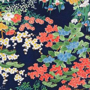 小紋 袷 紺色ｘ緑色ｘオレンジ色 カラフル 花々模様 正絹 広衿 仕立て上がり着物 身丈160cm