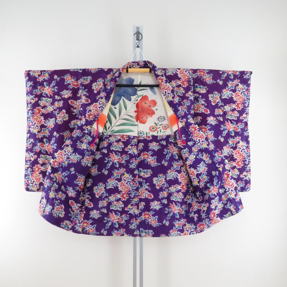 羽織 アンティーク 昔羽織 正絹 紫色x多色 花模様 ちりよけ 上着 身丈