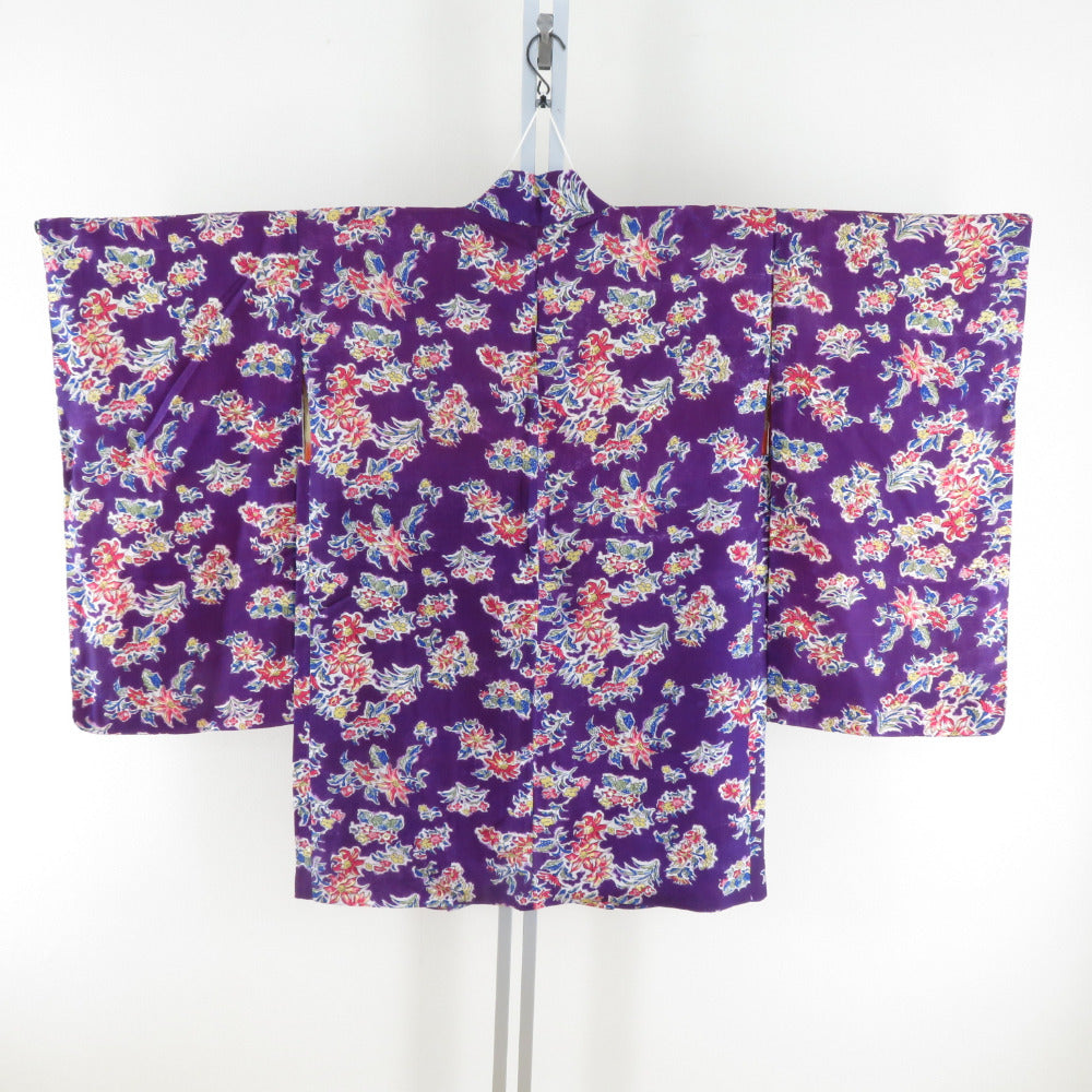羽織 アンティーク 昔羽織 正絹 紫色x多色 花模様 ちりよけ 上着 身丈