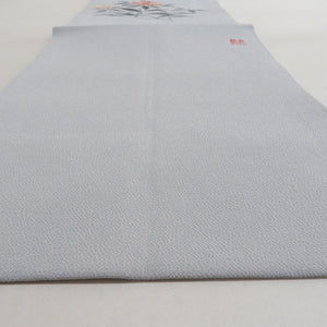 名古屋帯 正絹 縮緬 グレー 灰色ｘオレンジ色ｘ黄色 花文様 落款入り お太鼓柄 カジュアル 仕立て上がり 着物帯 長さ373cm