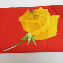 Load image into Gallery viewer, 名古屋帯 正絹 塩瀬 オレンジ色ｘ黄色 薔薇文様 お太鼓柄 カジュアル 仕立て上がり 着物帯 長さ352cm