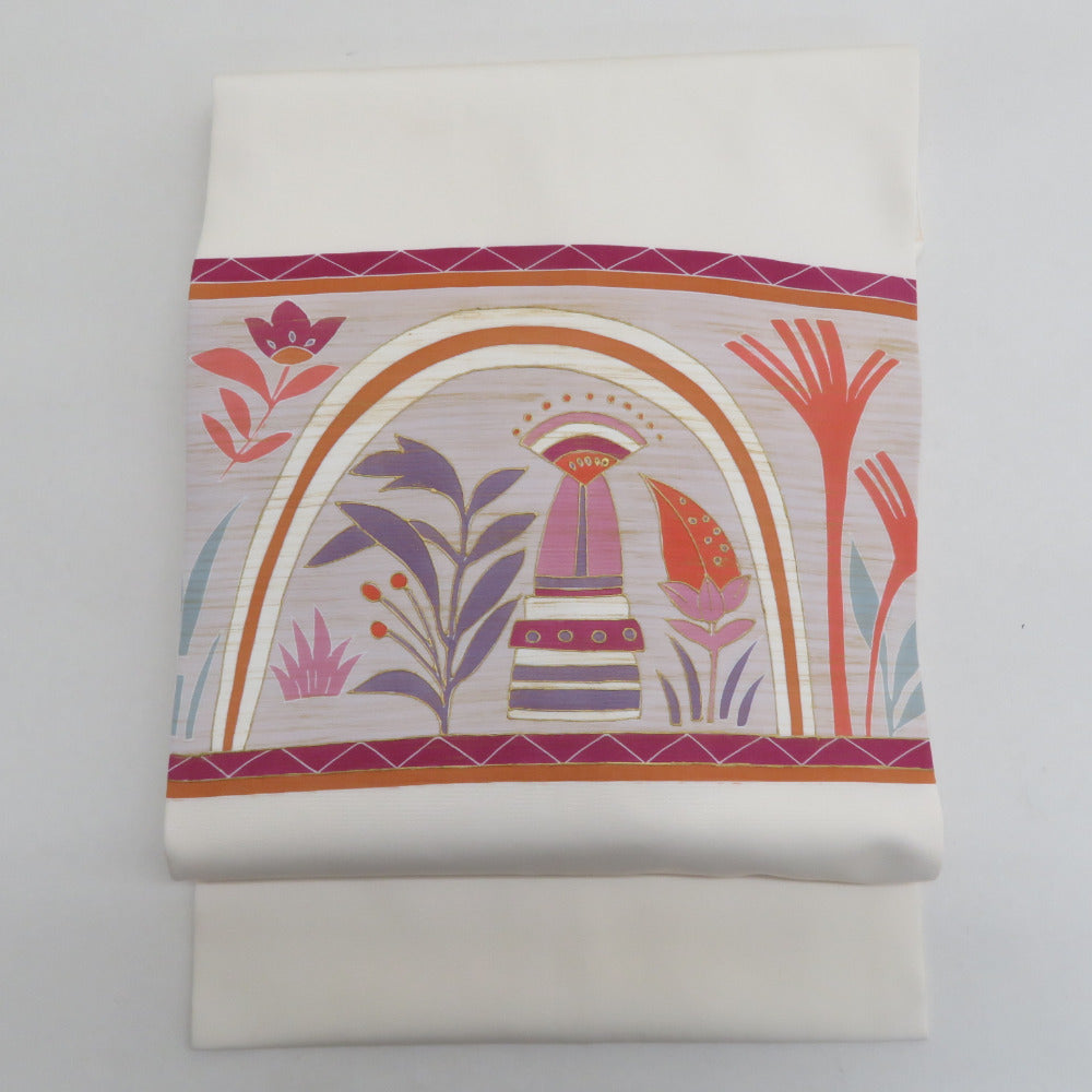 名古屋帯 正絹 塩瀬 白色xピンク色 オリエンタル調 オリエンタル文様