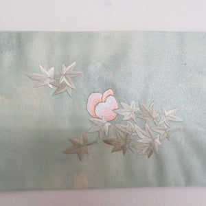 名古屋帯 正絹 小鳥に花紋様 お太鼓柄 薄緑色 刺繍入り ジュアル 仕立て上がり 着物帯 長さ378cm