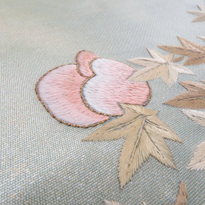 名古屋帯 正絹 小鳥に花紋様 お太鼓柄 薄緑色 刺繍入り ジュアル 仕立て上がり 着物帯 長さ378cm