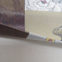 Load image into Gallery viewer, 名古屋帯 正絹 京袋帯 格子に季節の花々と流水模様 金糸 チャコールグレーｘ紫色ｘ金色 六通柄 カジュアル 仕立て上がり 着物帯 長さ376cm
