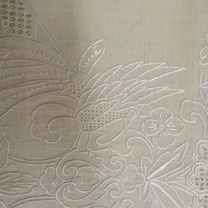 袋帯 洒落袋帯 正絹 紬 薄緑色 黄緑 スワトー刺繍 花鳥文様 お太鼓柄 仕立て上がり 着物帯 長さ444cm